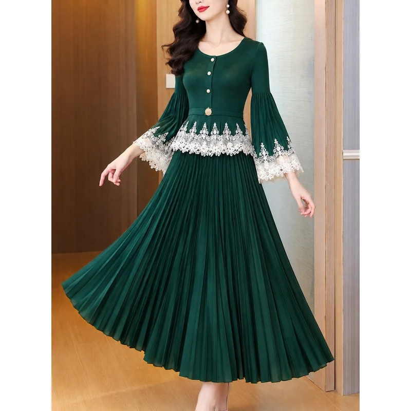 Women Sexy Round Neck Flared Sleeves Pleated Elegant Stretchy Outfit Miyake Top Lace Trimmed Long Skirt Suit for Women