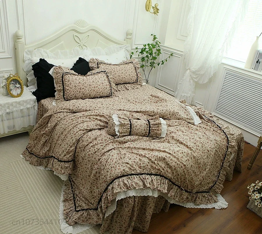 French Korean Floral Vintage Princess Lace Cotton Bed Skirt 4Pcs Bedding Set