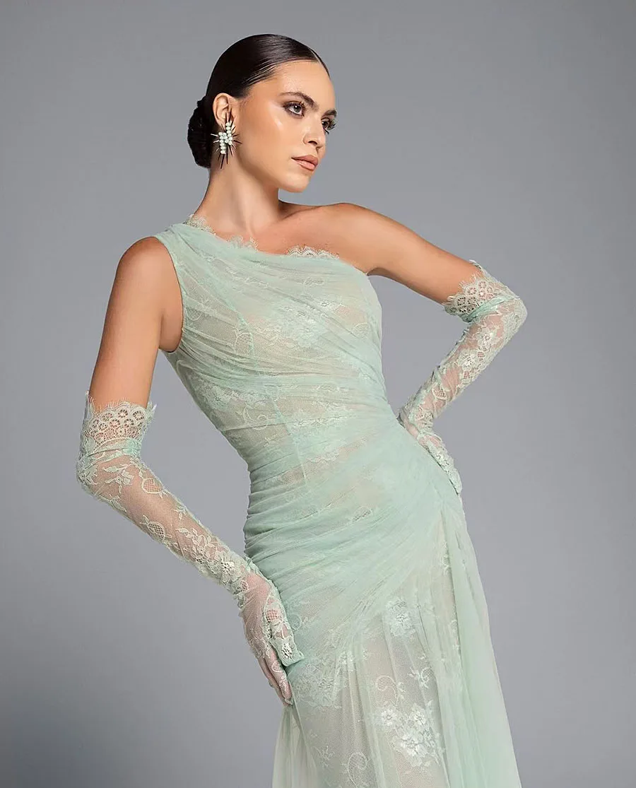 Green Lace Prom Gowns One Shoulder Mermaid Evening Dress Gloves Saudi Arabic Sweep Train Elegant Prom Party Dresses Custom