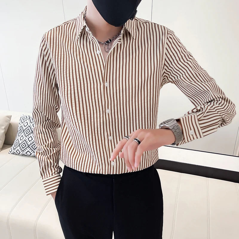 

High-end Cotton Shirts for Men Long Sleeve Striped Print Business Formal Men's Dress Shirt Fashion Korean Version Mens Clothing