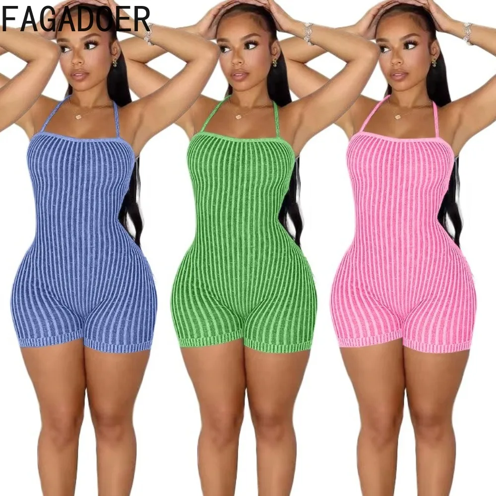 FAGADOER Fashion Knitted Stripe Printing Halter Bodycon Rompers Women Sleeveless Backless Lace Up Jumpsuits Summer Solid Overall