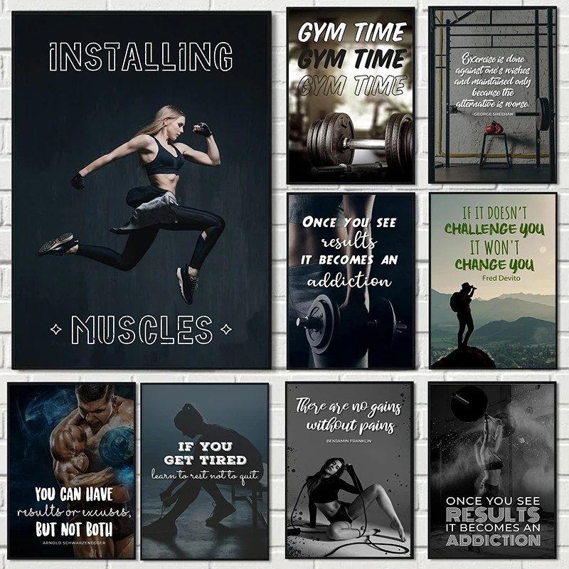 Modern Sports Art Weight Lifting Muscle Exercise Fitness Motto Poster Canvas Paintings Wall Art Pictures Fitness Room Home Decor