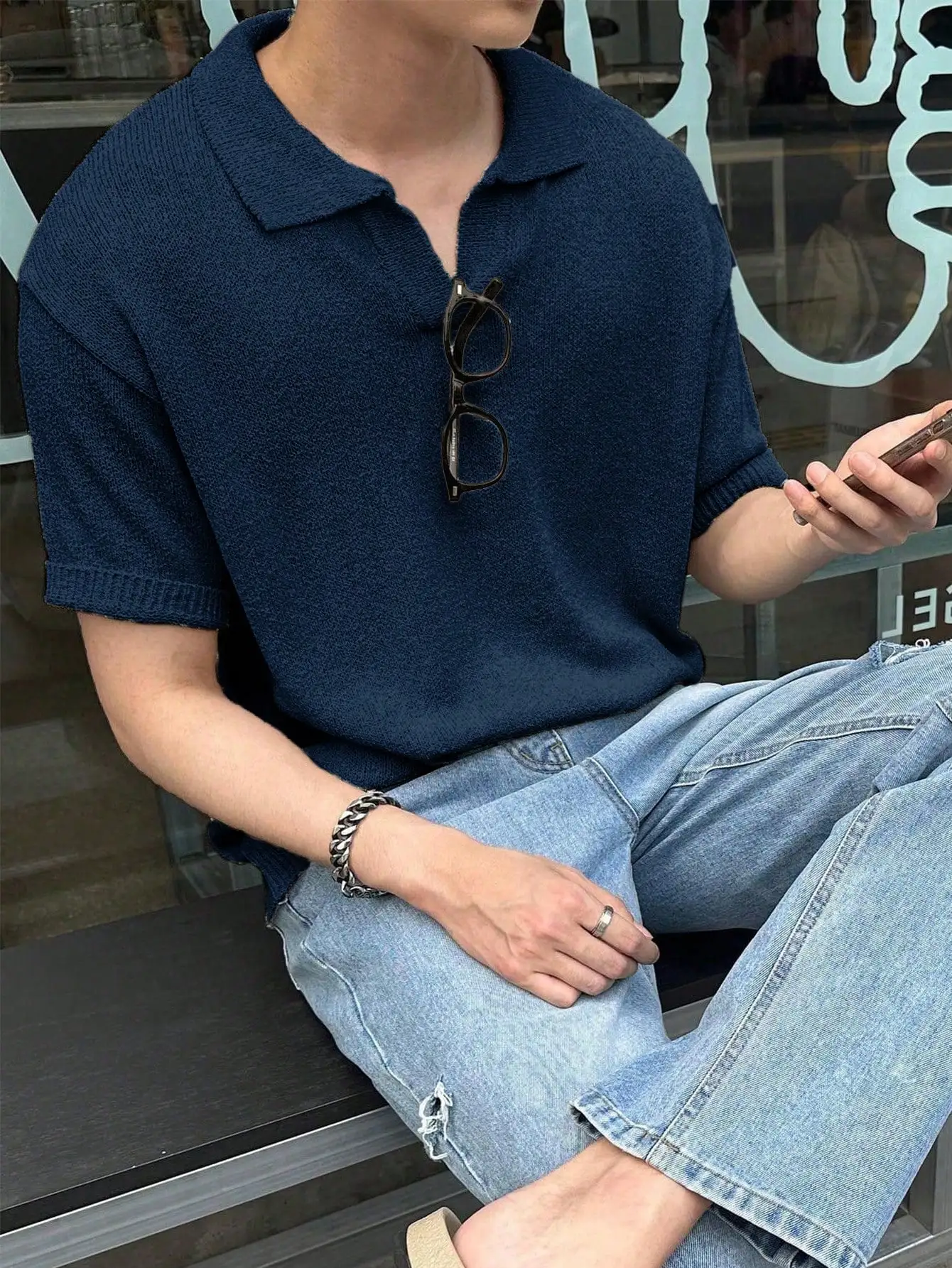 Spring and Summer European, American, Japanese, and Korean Casual Unisex Versatile Solid Color Business Style Men's and Women's Knitted Short-Sleeve V-Neck Pullover Sweater