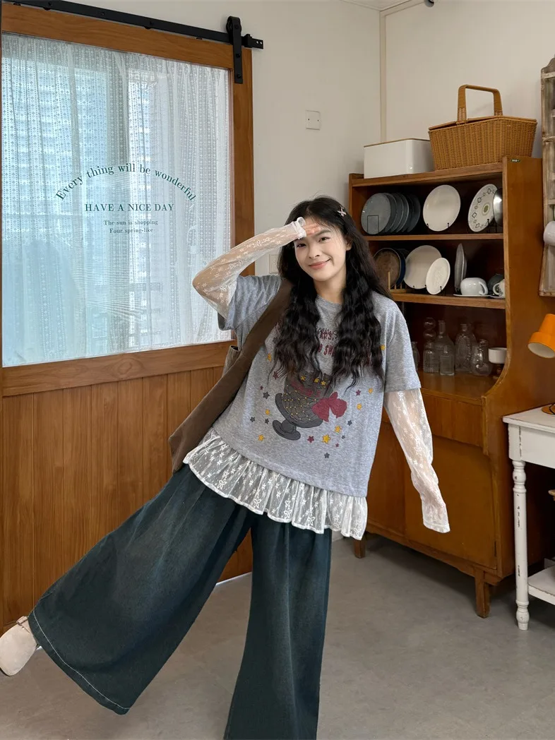 

Casual Lace Splicing Loose Jeans Two-Piece Set Grey T-Shirt Women's Summer Fashion Ensemble Long Sleeve round Neck Top