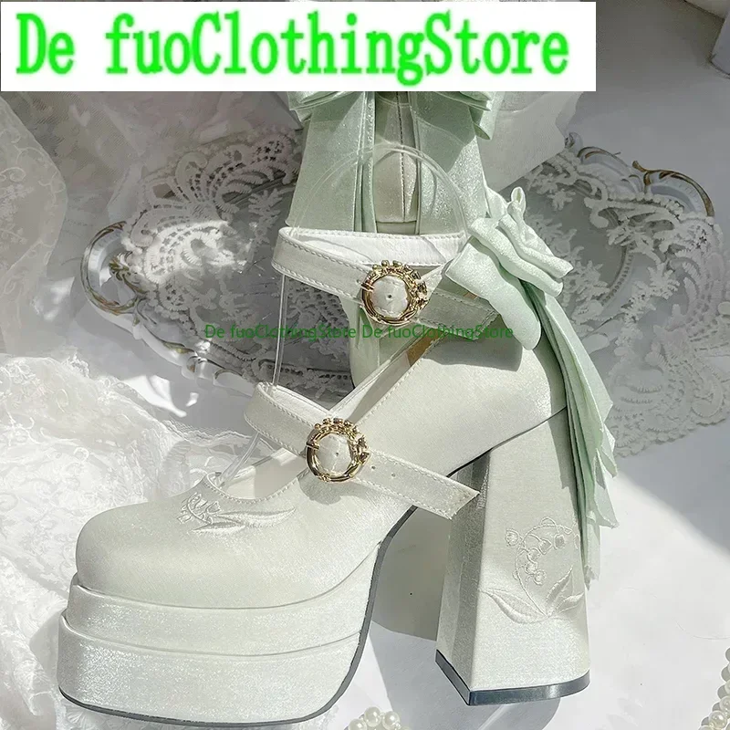 Elegante satijnen waterdichte Lolita Mary Jane schoenen dames zoete meisjes schattige strik platform hoge hak dames pompen platform hakken