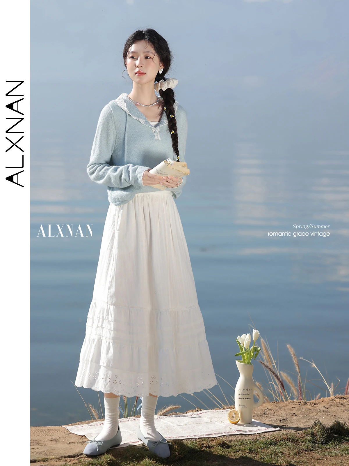 ALXNAN レディース ホワイト スカート レーストリム 軽量 レイヤード Aライン スカート エレガンス ロマンチック 旅行 通勤 女性スカート L52990