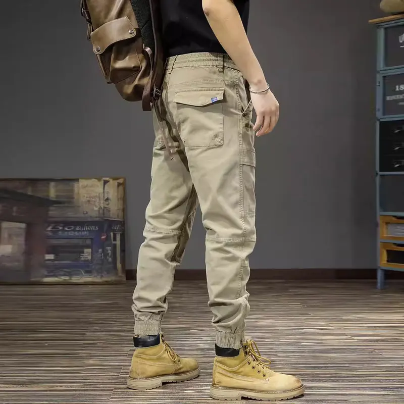 

newY2K men's work pants pocket decoration washed water elastic slim fity2k light yellow work pants designer high-quality p