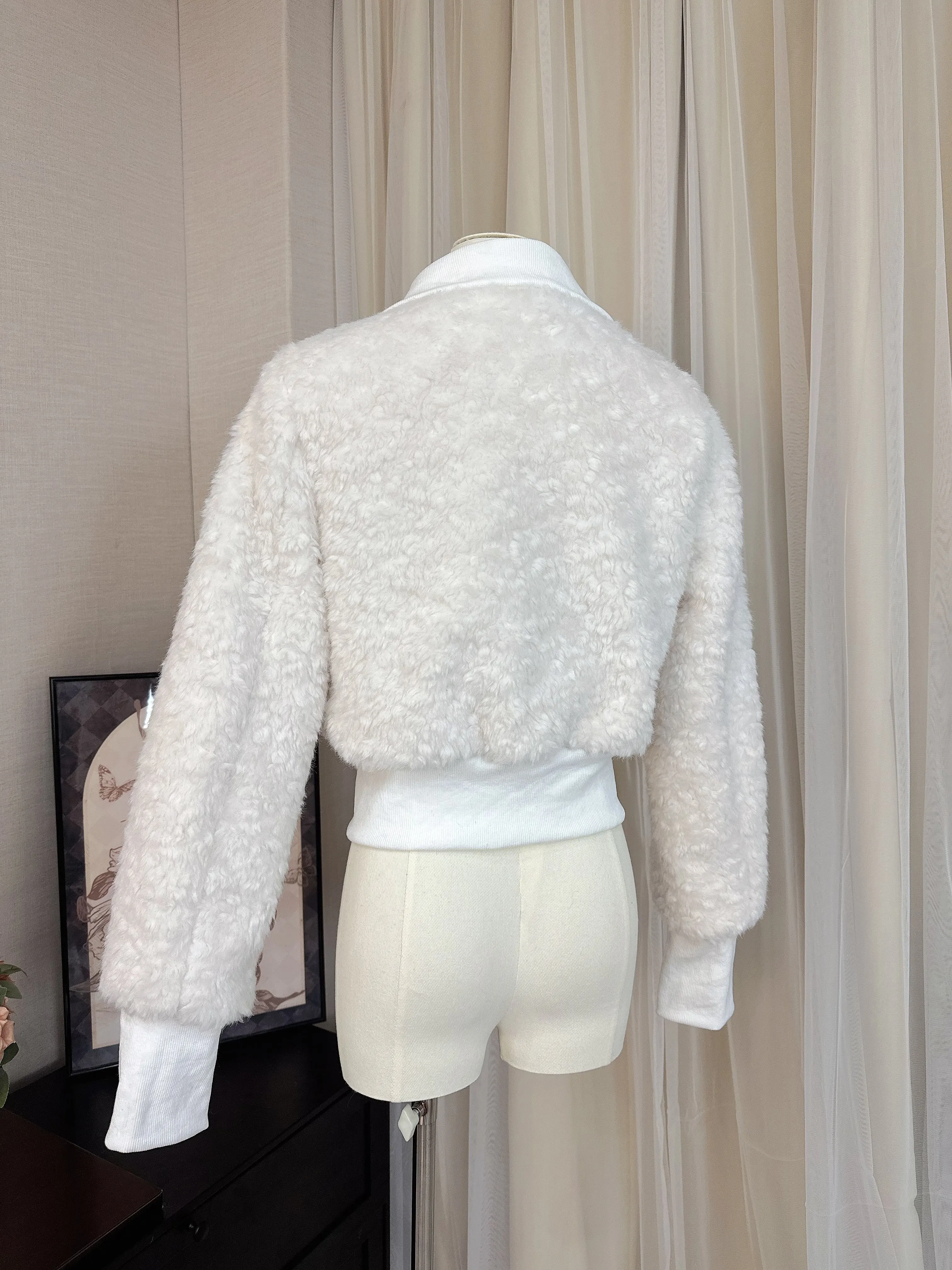 Veste courte Chic en fausse laine pour femme, Streetwear, col rabattu, fermeture éclair, manches lanternes, vêtements d'extérieur en fausse fourrure, automne hiver