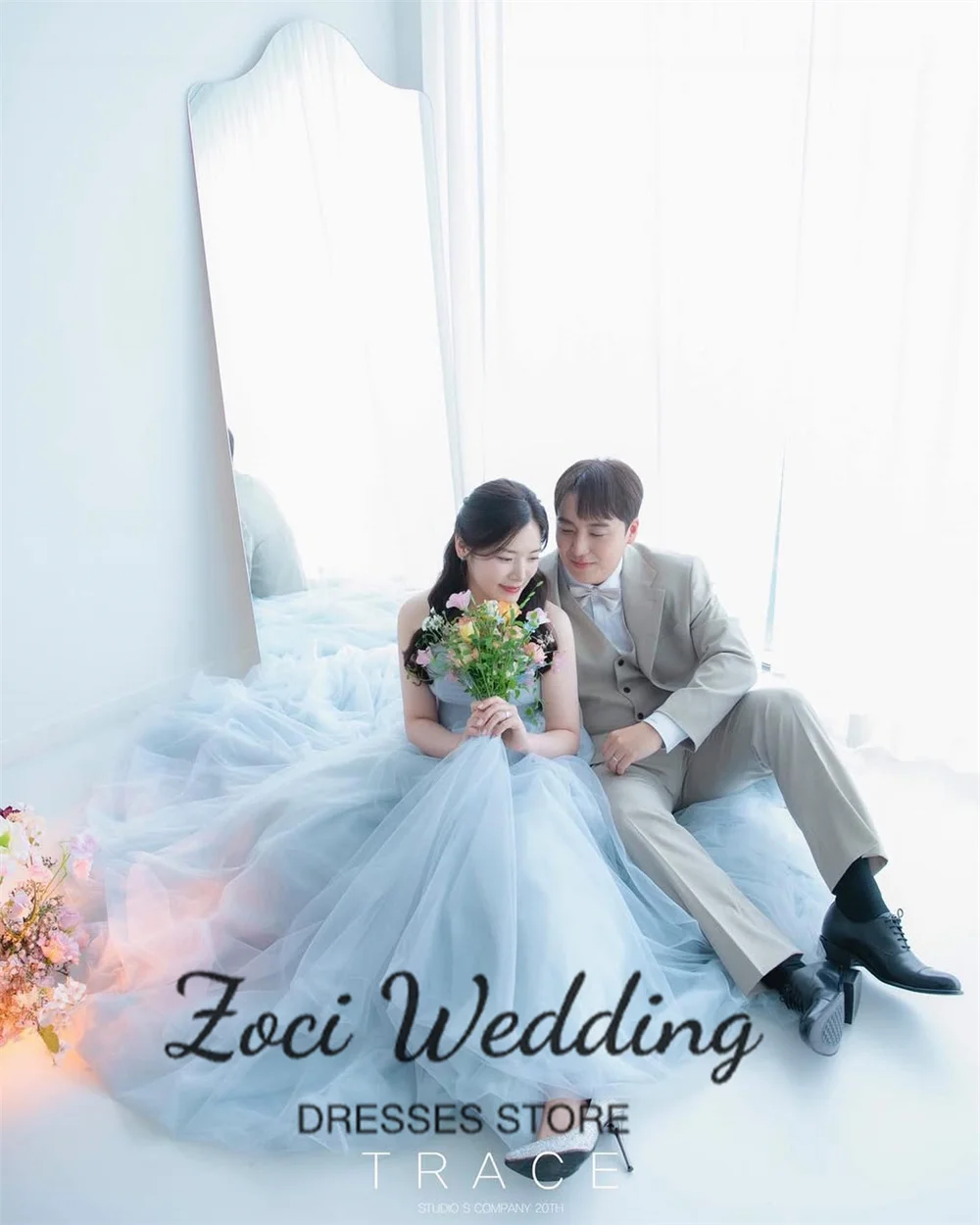 Zoci Sky Blue Soft Tulle Korea Wedding Dresses Strapless A-line Customized Photos Shoot Dress Sleeveless Fairy Bridal Gown