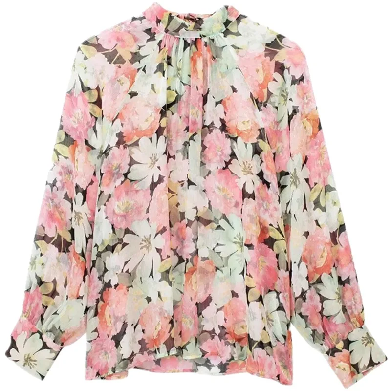 Spring Summer  Women's Versatile  Knot Printed irt Commute Sle Long Sve Floral Patterned Stand Collar Blouse