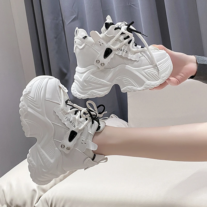 여성용 하이 플랫폼 스니커즈, 두꺼운 밑창 미끄럼 방지 스포츠 아빠 신발, 한국 PU 가죽 청키 스니커즈, 2023 봄 패션, 신상