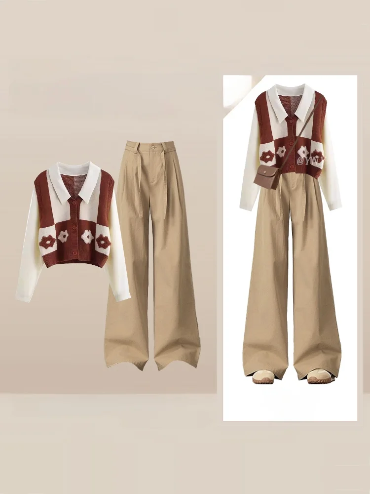 

Ретро лектический Sle Fake двухсекционный вязаный свитер, повседневные брюки, женский зимний комплект Faion, супер милый возрастной высокий E...