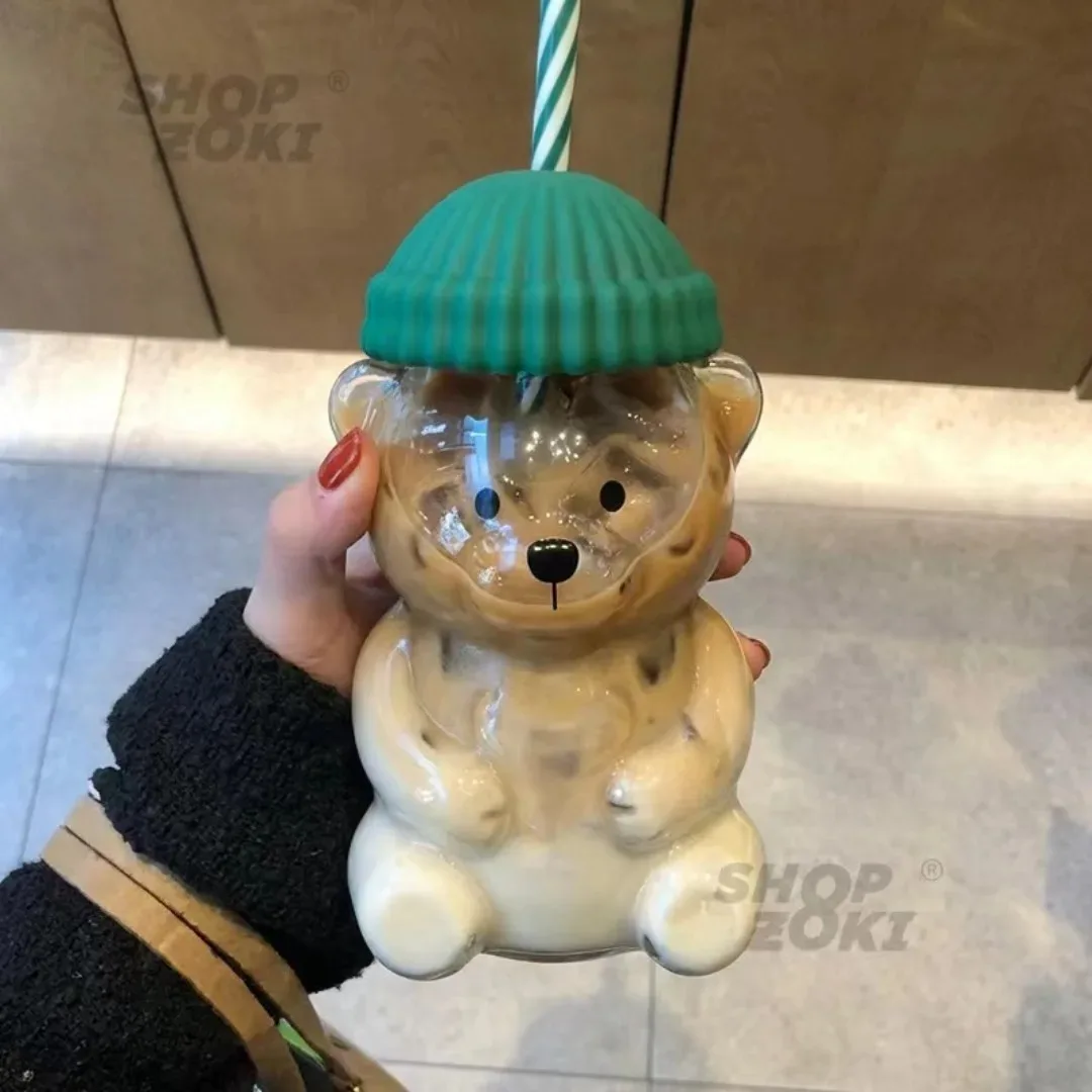 Net Red Star Buck Bear Glass Plastic Straw Cup Christmas Green Hat Design Transparent Cup for Personal Use and Giving to Friends