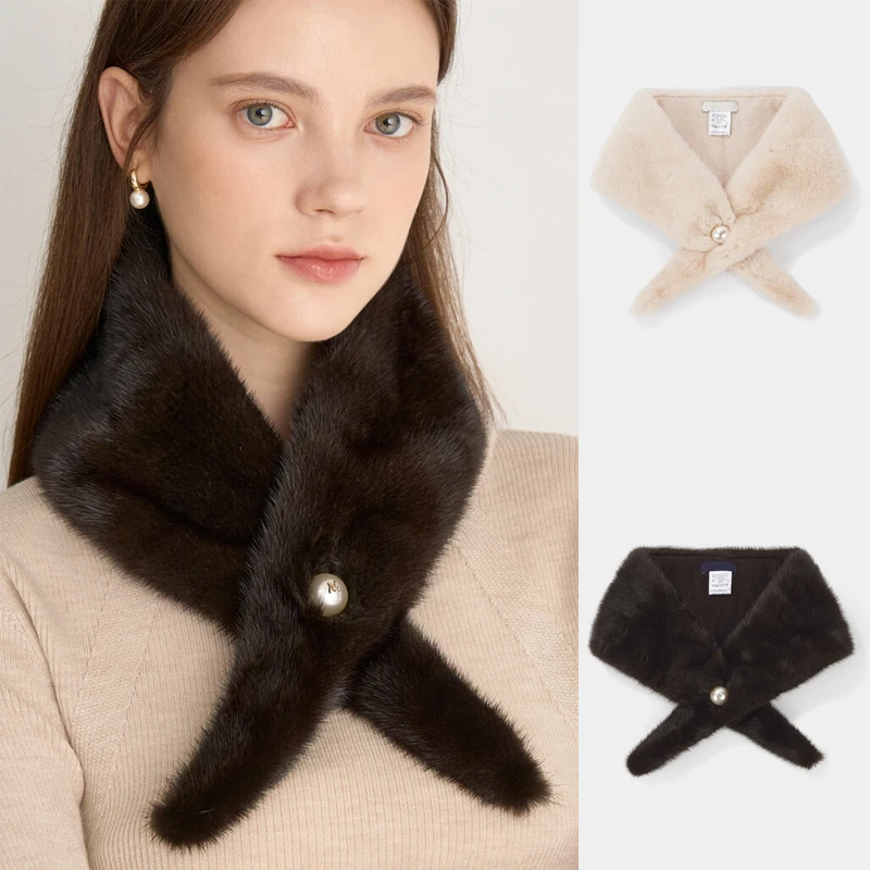 micoat-高級暖かいミンクファースカーフ-レディース-アウルパールボタンファーカラー-三角形-サーマルネウォーマー