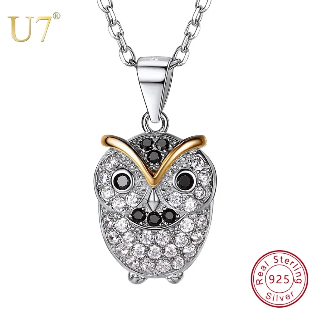 

U7 Animal Owl Choker Necklaces for Women Authentic 925 Sterling Silver CZ Statement Necklace Chain Bijoux Jewelry Gift QC24