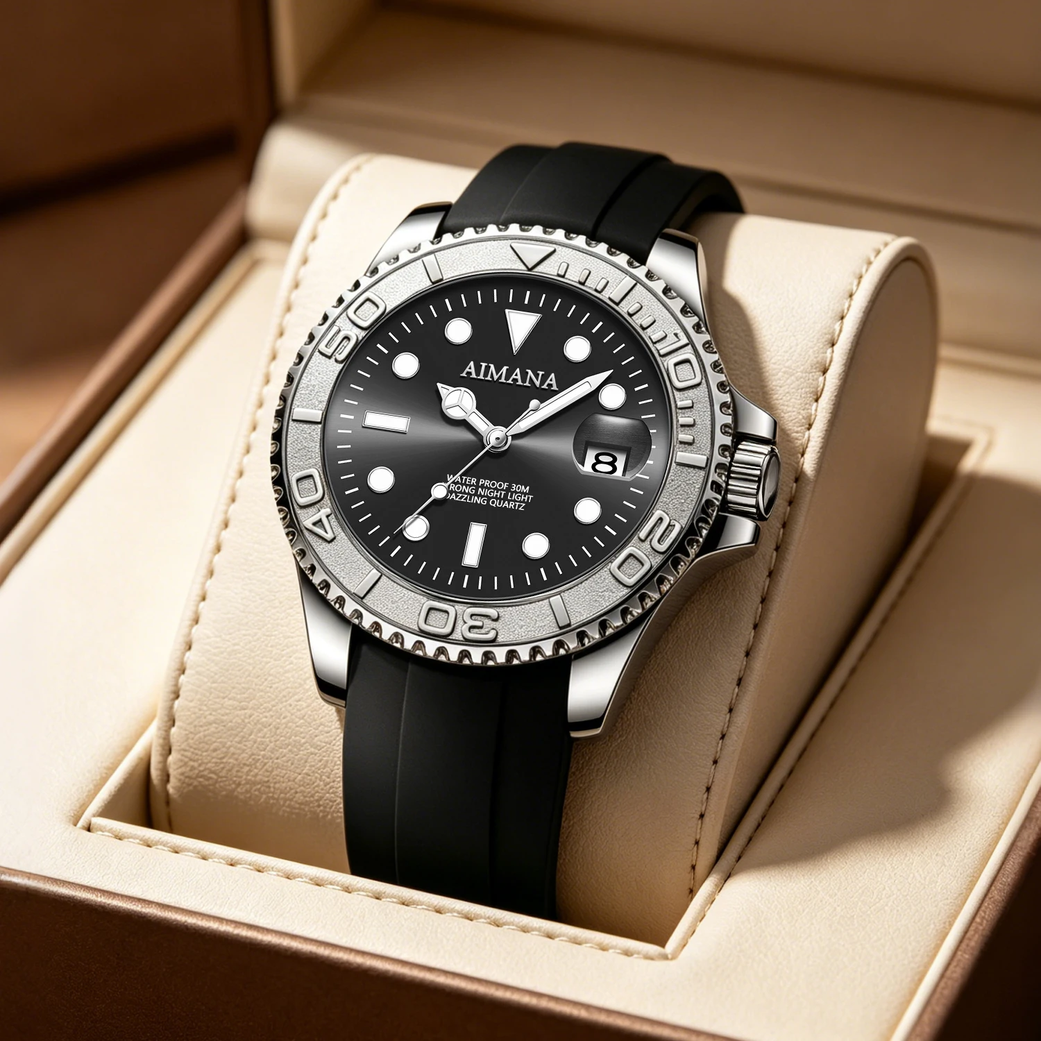 

AIMANA Men Diving Quartz Watch Black Dial Luminous Date Calendar 30M Waterproof Sports Wristwatch Stainless Steel Case Rubber St