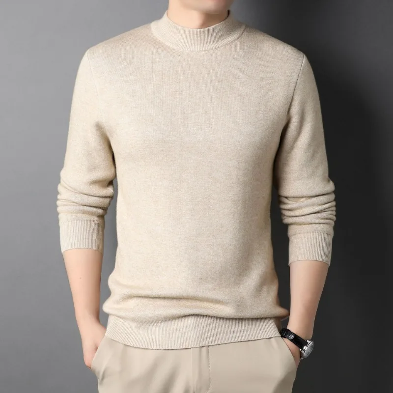 New Autumn Men\'s Half High Neck Sweater Knitted Pullover Underlay Knitted Fashion Slim Fit Solid Elastic Pullover Men\'s