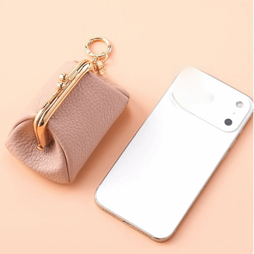 Soft Leather Mini Coin Purse Solid Color Multifunctional Kiss Lock Wallet Litchi Pattern Portable Travel Headphones Organizer