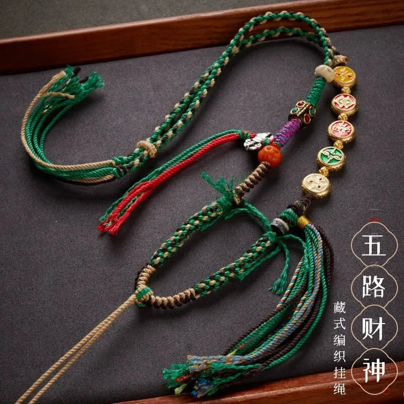 

High End Tibetan Handmade Woven Five Road God Of Wealth Tangka Necklace Buddha Beeswax Pendant Rope Sweater Chain Lucky Jewelry