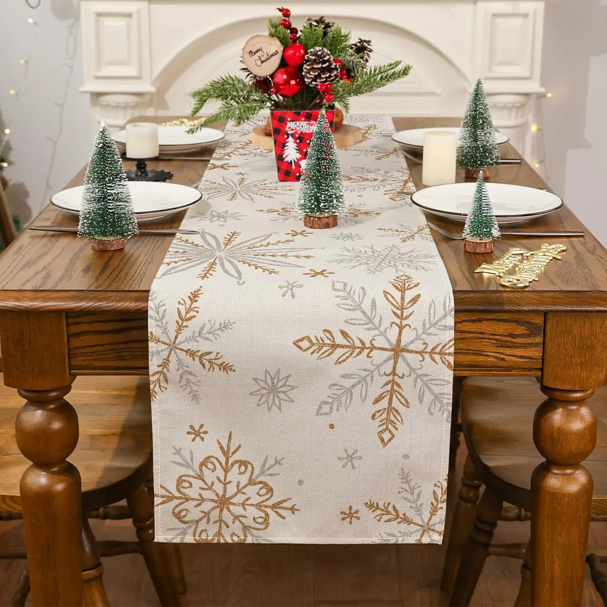 Christmas Snowflake Linen Table Runner Party Decor Reusable Winter Xmas Holiday Kitchen Dining Table Runner Christmas Decoration