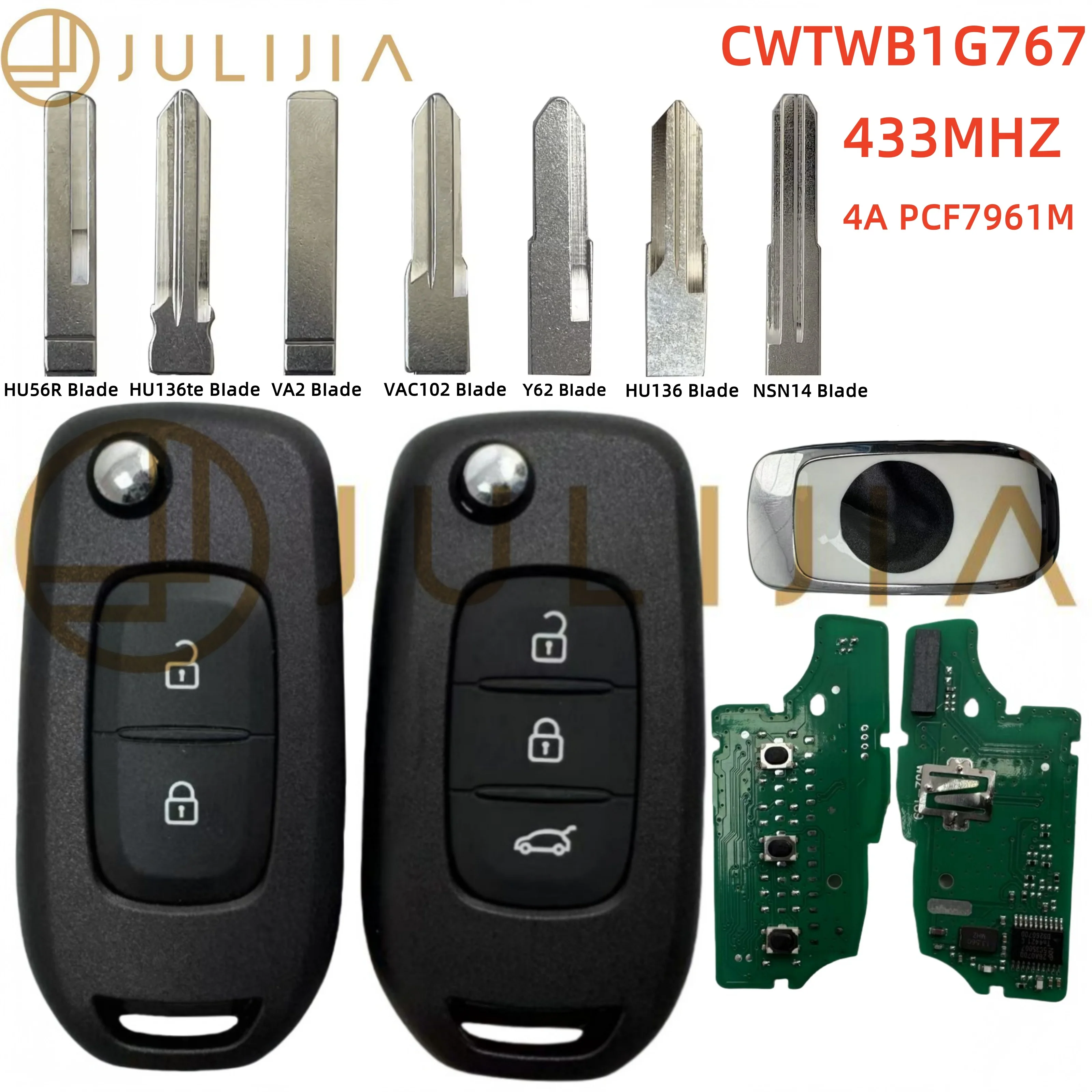 For Renault 4A Chip 433MHZ PCF7961M Megane3 Logan2 Kadjar Captur Symbol Dacia Duster Smart Flip Car Key 2 3 Buttons CWTWB1G767