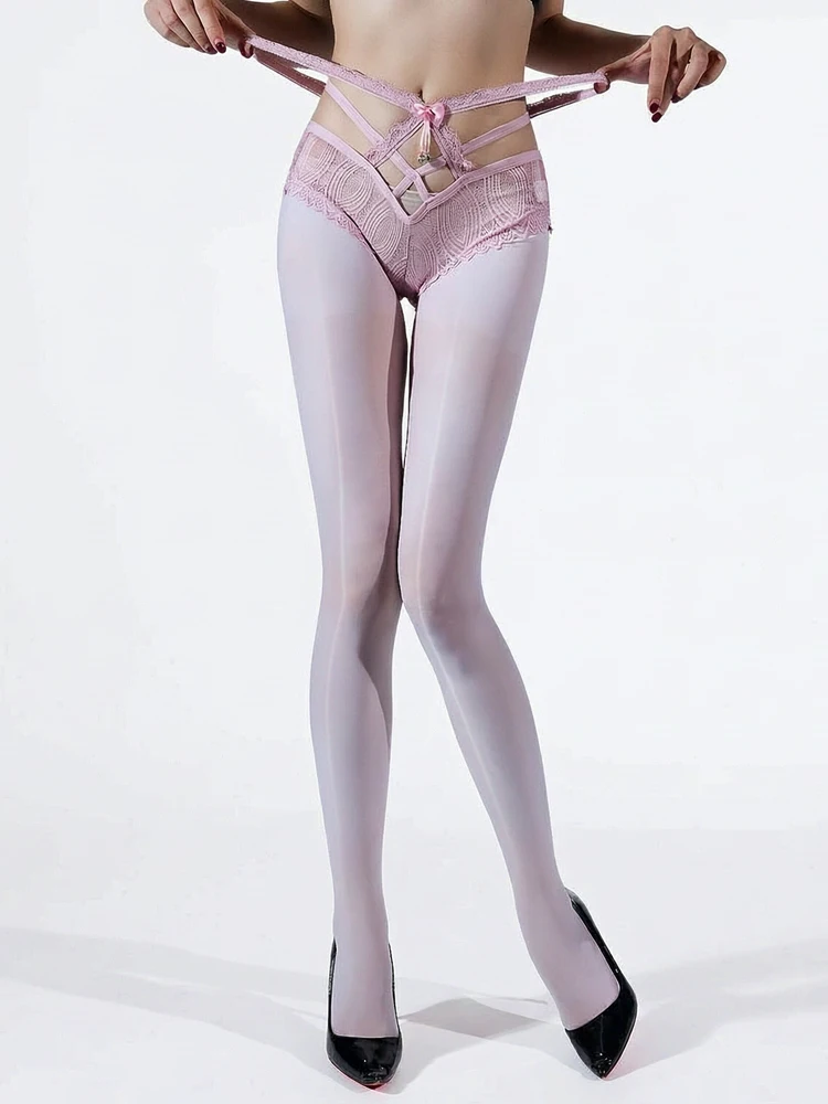 Women Lace Bandage Pantyhose Hollow Out Elastic Briefs Stockings 2 in 1 Smooth Stockings Shiny Shaping Tights Maid Stockings