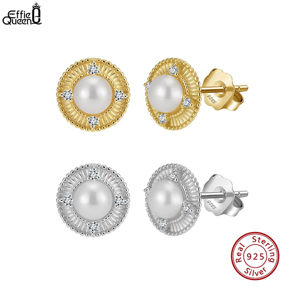 

Effie Queen 100% S925 Silver 14k Gold Round Pearl & Zirconia Stud Earrings Ideal Jewelry for Women Wedding Party Banquet GPE123