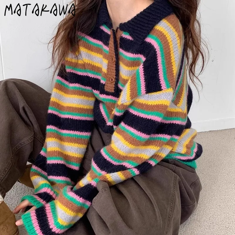 

Matakawa разноцветные полосатые женские свитера контрастного цвета винтажные осенне-зимние пуловеры корейская мода свободные повседневные Pull Femme