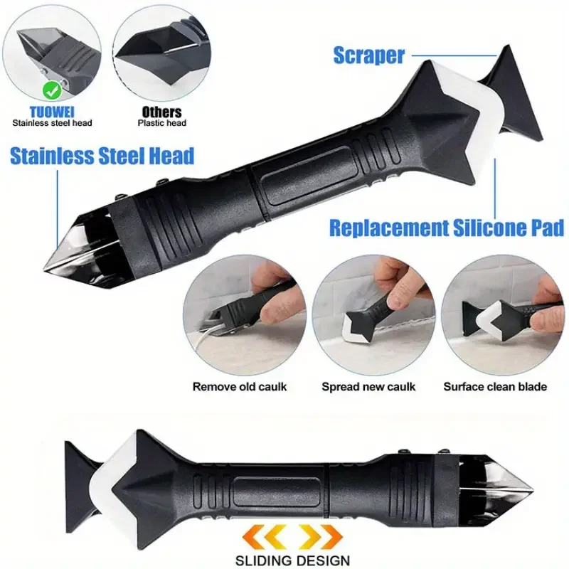 

1 комплект инструментов для силиконовой герметизации 3-в-1 — головка из нержавеющей стали для герметизации, очистки и соскабливания, эргономичная пластиковая ручка