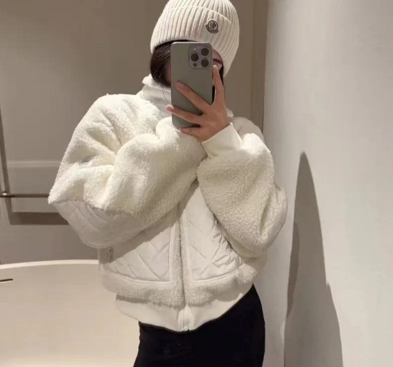 

Ladies' Short Warm Zipper Jacket Lamb Fur Collar Flight Style Polyester Outer Fabric Autumn New Arrival