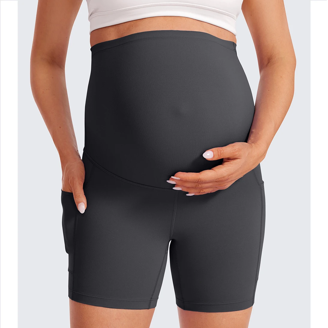 Momanda-maternidade Yoga motociclista Shorts com bolsos, sobre a barriga gravidez treino atlético, mulheres 5\