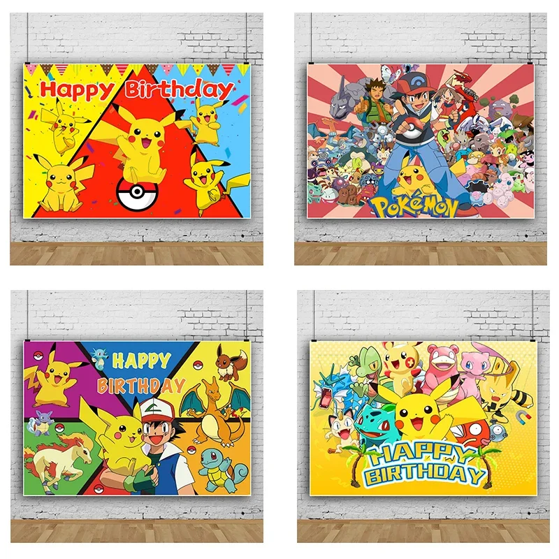 1set Cartoon Pokemon Pikachu Backdrop Decoration Children Birthday Baby Shower Boy Girl Happy Birthday Banner Party Background