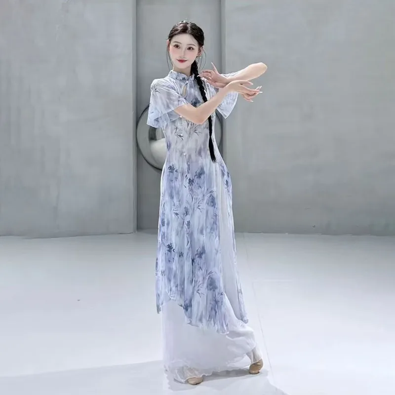 New Classical Dance Body Rhythm Traditional Chinese Style Cheongsam and Gauze Dress with Flowing Patterns Prints Vogue Beauty