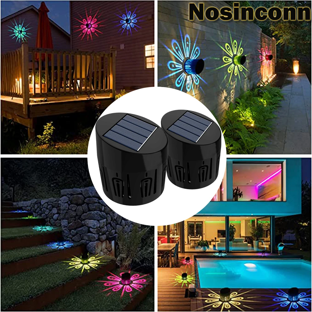 2PCS Solar Outdoor Fence Llights Waterproof with Beautiful Flower Shadow RGB Warm White LED Solar Wall Light for Wall Decoration