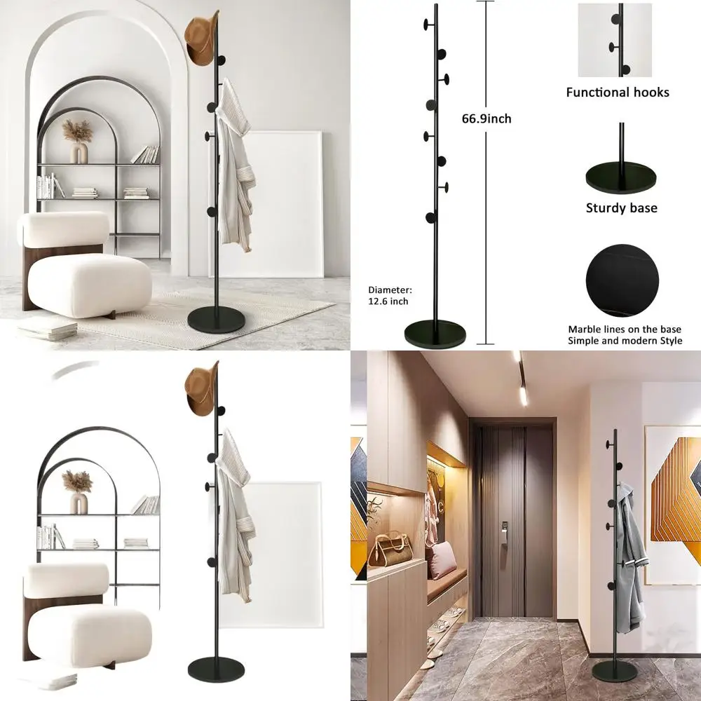 

Metal Freestanding Coat Tree with 8 Hooks, Black, for Hats, Scarves, Purses, Umbrellas, and Coats in Entryway or Bedroom