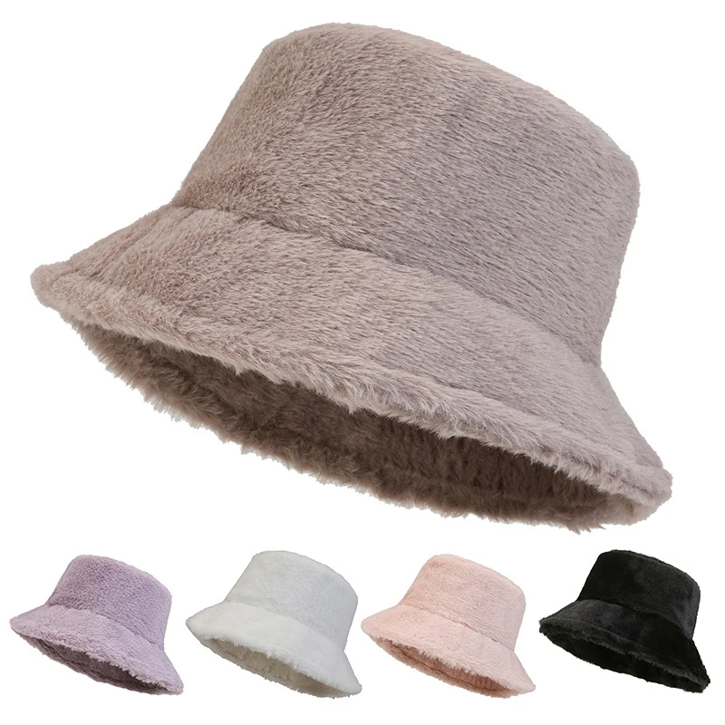 Soft Winter Plush Warm Bucket Hat For Women Girl Solid Color Fordable Wide Brim Panama Cap Outdoor Windproof Tour Basin Hats