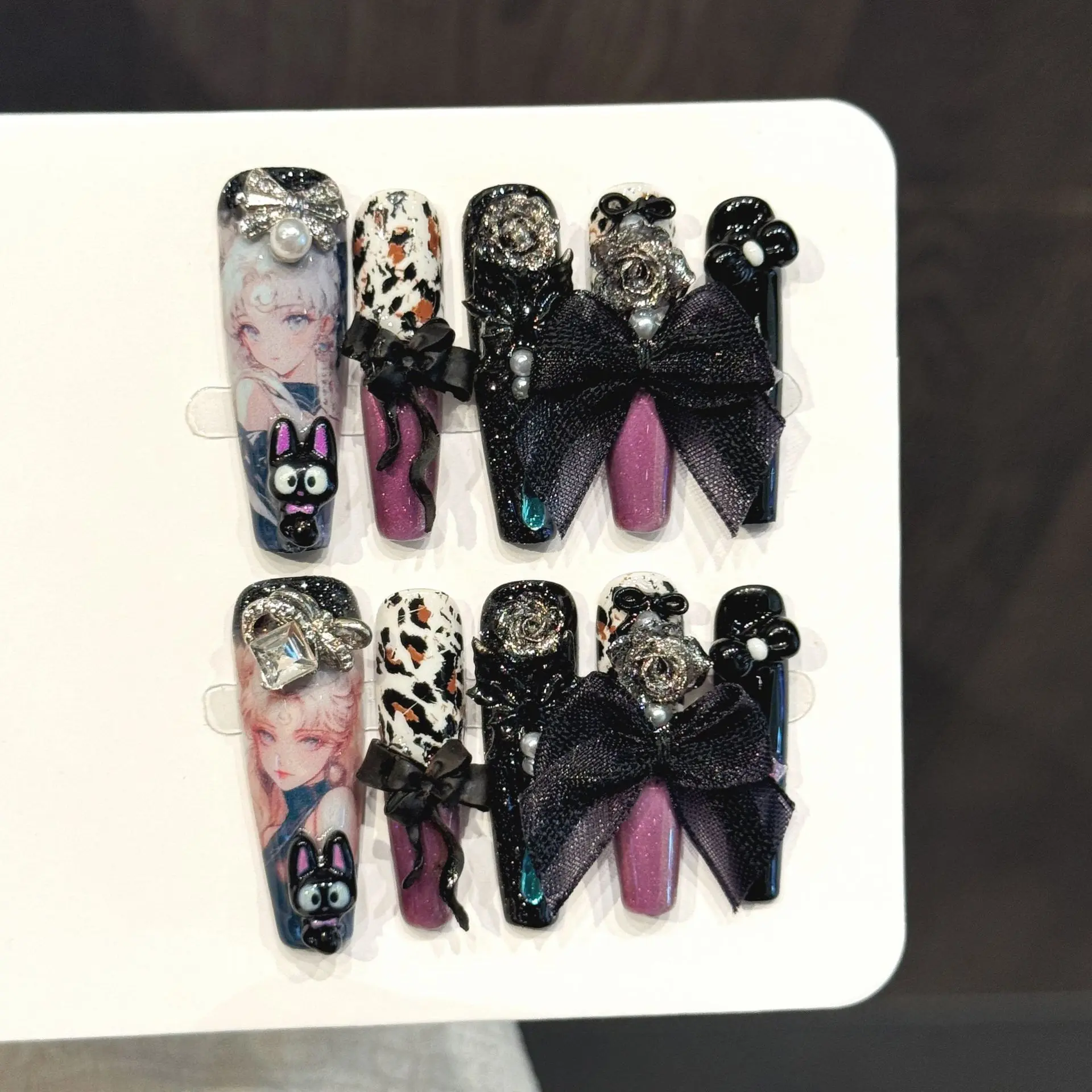 10 Pcs Luxury Handmade Press On Nails Sailor Moon Style Dark Cool Girl Nails Black Purple Bow Dark Sweet Goth Fake Nails