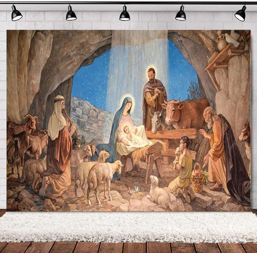 خلفية التصوير الفوتوغرافي ماري جوزيف الأغنام والماجي قصة عيد الميلاد يسوع الطفل المشهد خلفية راية ملصق تبادل لاطلاق النار الصورة