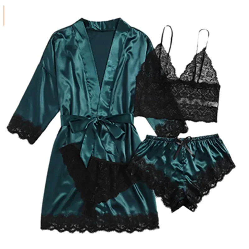 Women Silk Lace Robe Dress Babydoll Nightdress Sleepwear Kimono 4 Pcs Pajiamas Set Women Fashion Sexy Lingerie