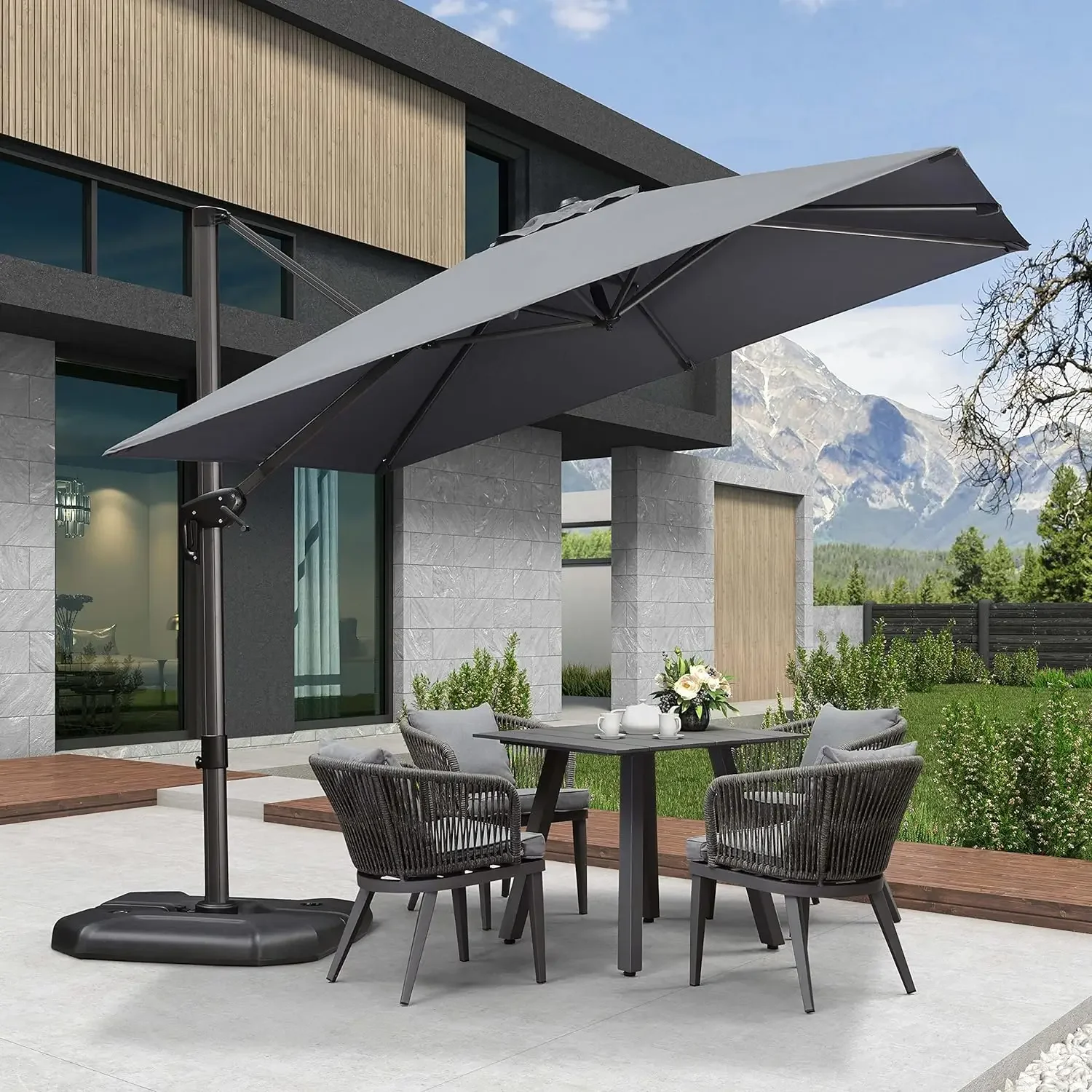 Parapluie carré extérieur en porte-à-faux avec base, parapluie décalé en aluminium avec rotation à 360 degrés pour piscine de jardin