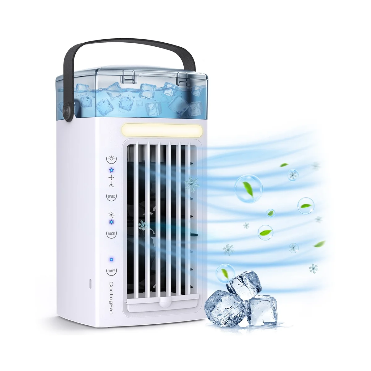 휴대용 에어컨 선풍기, 책상 공기 냉각기 및 가습기, 침실용 LED 조명, 3 선풍기 속도, 7 색, 3 in 1