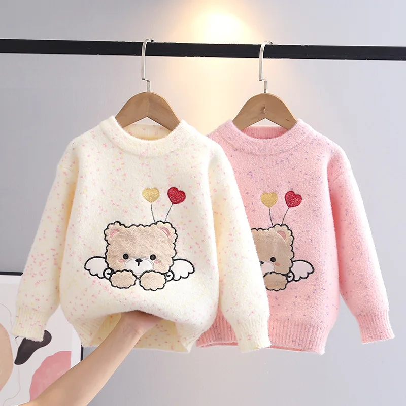 

Kids Baby Girls Knit Sweaters Super Cute Cartoon Clothes Fall Winter Heart Embroidery Long Sleeve Colored Spots Pullover IY07222