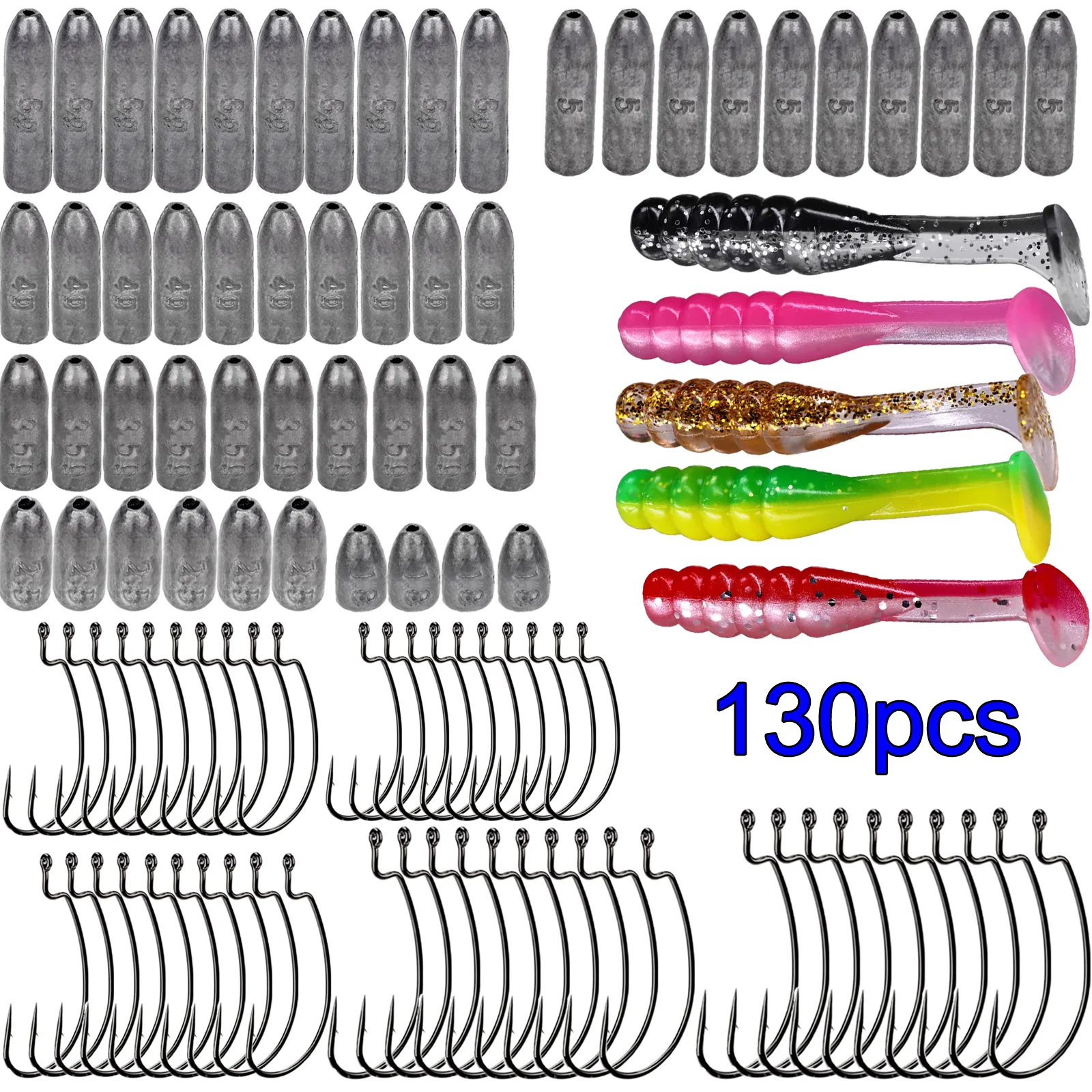 

130pcs Texas Rig Kit Carolina Rigs 1.8g 2.5g 3.5g 4g 5g 6g Fishing Lead Sinkers #2-#3/0 Offset Hooks Silicone Soft Baits Lures