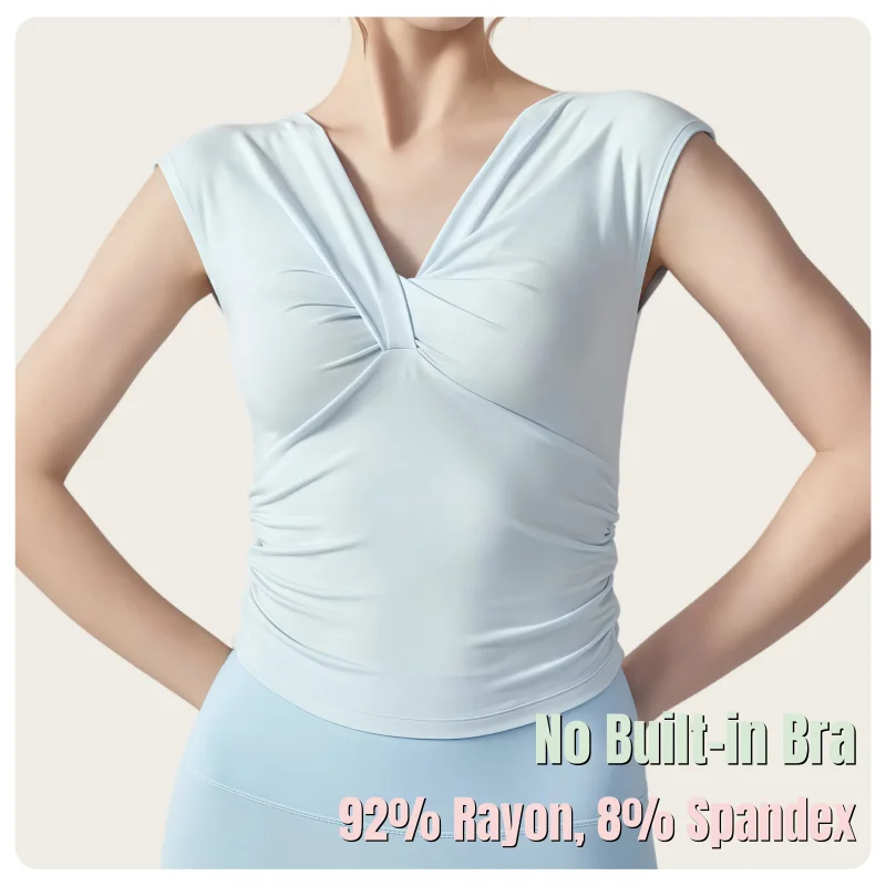 Women's V-Neck Front Twist Knot Side Ruched Cap Sleeve Fitness Sleeveless Slim Fit Yoga Tank Top