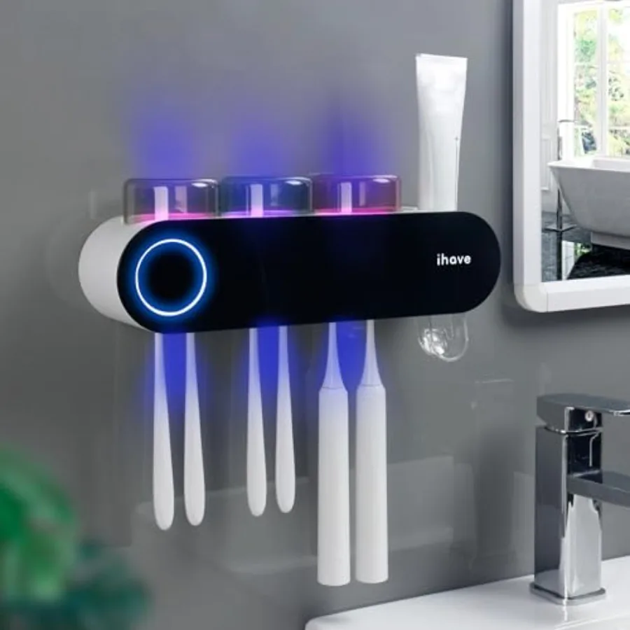 

Wall Mounted Electric Toothbrush Holders with 3 Cups UV Sanitizer Toothpaste Dispenser Smart Home Bathroom Accessories and Deco