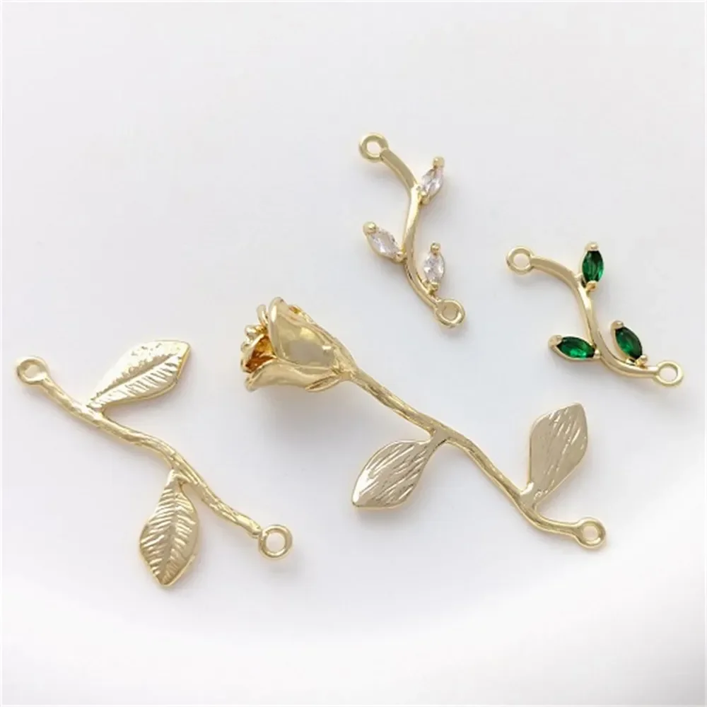 

14K Gold Color Double Hanging Branch Rose Green Zirconium Leaf DIY Bracelet Double Hanging Earrings Tassel Pendant Accessories