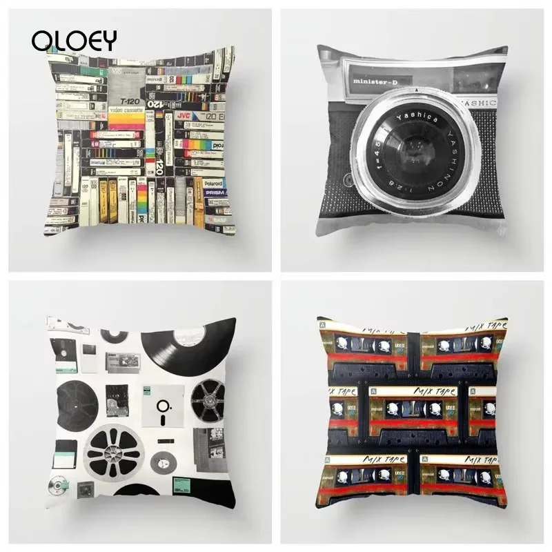 Vintage Bicycle Camera Polyester Cushion Cover, Vilvl Records, Ribbon, Saddle Bag, Home Bedroom Decorative Cushion Cover 45x45cm