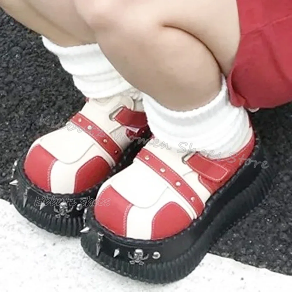 

Rivets Punk Rock Sneaker Platform Thick Bottom Gothic Genuine Leather Mixed Color Fashion Elegant Concise Shoes Newest Hot Girls