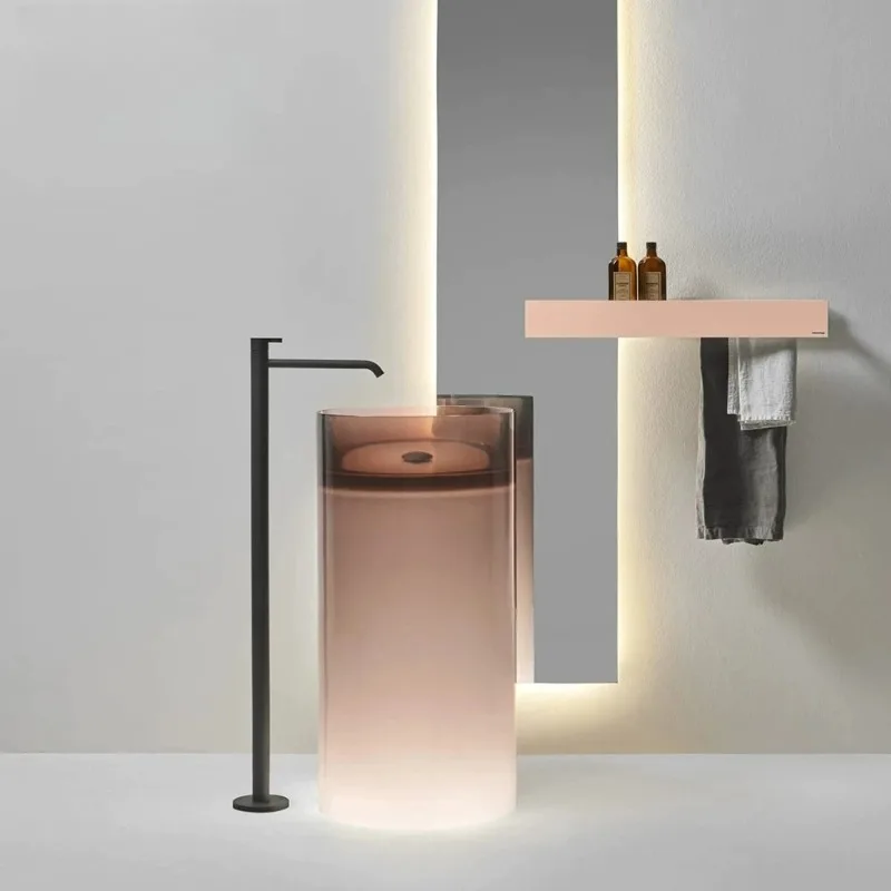 Pink transparent resin luminous floor-to-ceiling hand washing column basin