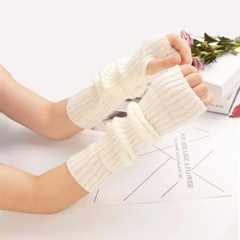 Black White Fingerless Gloves for Women Girl Knitted Long Arm Sleeves Arm Warmer Fine Casual Soft Punk Gothic Mittens